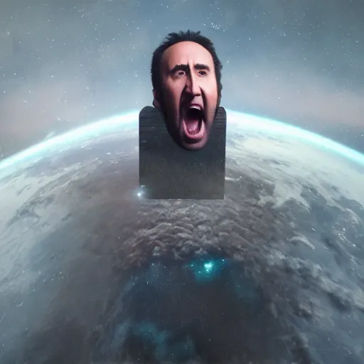 Image similar to hyperrealistic dslr film still of nicolas cage screaming in space, stunning 8 k octane comprehensive 3 d render, inspired by istvan sandorfi & greg rutkowski & unreal engine, perfect symmetry, dim volumetric cinematic lighting, extremely hyper - detailed, extremely lifelike attributes & lifelike texture, intricate, masterpiece, artstation, stunning