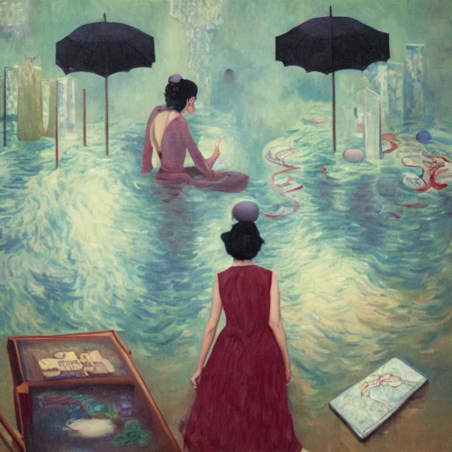 Image similar to tall female artist holding art supplies in her flooded kitchen, pomegranates, octopus, water gushing from ceiling, painting of flood waters inside an artist's apartment, a river flooding indoors, candles, ikebana, zen, rapids, waterfall, black swans, canoe, berries, acrylic on canvas, surrealist, by magritte and monet