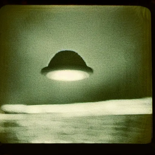 Prompt: a ufo flying at night, blurry photo, historical photo, old polaroid, expired film,