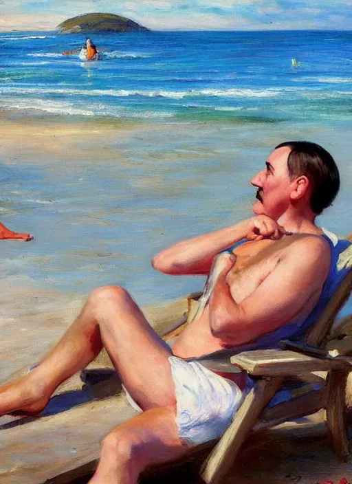 Prompt: adolf hitler sunbathing at an argentinian beach by vladimir volegov and alexander averin