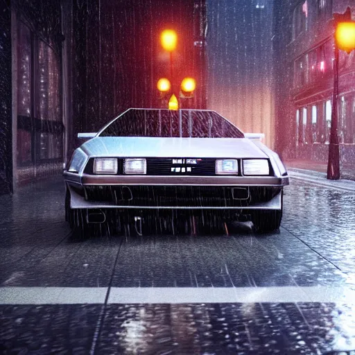 Image similar to hyperdetailed, photorealistic photograph of a dmc 1 2 delorean driving in the streets, rain, night, dense fog, hd, unreal engine 5