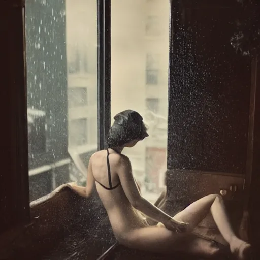 Image similar to a woman, moment, 1 9 3 0 s decopunk penthouse balcony, rain and smoke, tech noir, wet skin, atmospheric, ambient, rupert everton, alexis flower, livia prima,