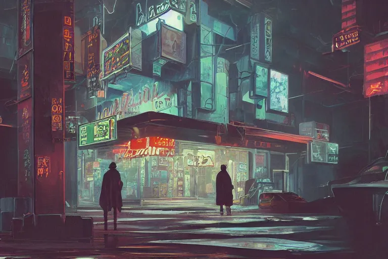 Prompt: Oil painting of a cyberpunk funeral home, 4k, art by Hans Rudolf Geiger and Shirow Masamune, still from anime Serial Experiments Lain, sad atmosphere, moody neon lighting, lots of cigarette smoke