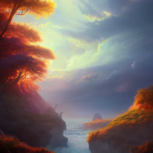 Image similar to A real photographic landscape painting with incomparable reality，the phoenix，Colorful clouds, fairy tale , light effect , Dream , Dindar light , Greg Rutkowski , unreal engine , Super realistic painting style, super wide ,artstation