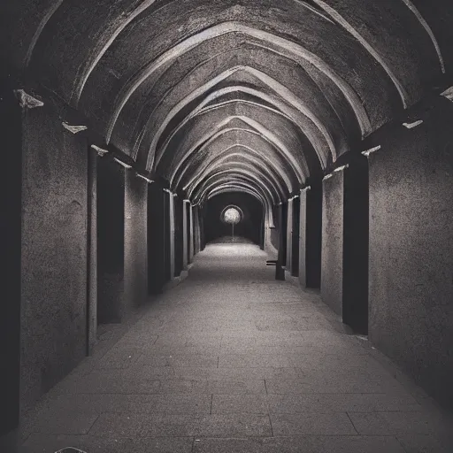 Image similar to A dark hallway made of red sandstone lit up by primitive torches. Red hooded figures stand next to the torches. With there faces hidden by shadow.