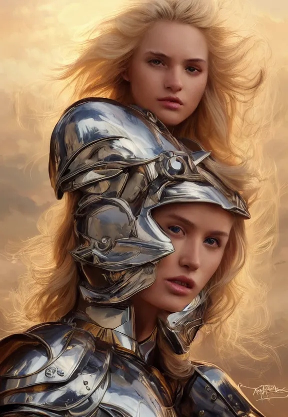 Prompt: A beautiful fierce photogenic blonde-haired angel wearing metallic battle armor, posing heroically with heavenly sunlit clouds in the background, close-up shot, elegant, digital painting, golden hour, cinematic, epic, trending on artstation, concept art, smooth, sharp focus, illustration, art by artgerm and Greg Rutkowski and Alphonse Mucha