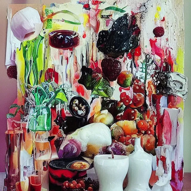 Image similar to “ a portrait in a female art student ’ s apartment, sensual, vegetables, art supplies, paint tubes, palette knife, pigs, ikebana, herbs, a candle dripping white wax, squashed berries, berry juice drips, acrylic and spray paint and oilstick on canvas, surrealism, neoexpressionism ”