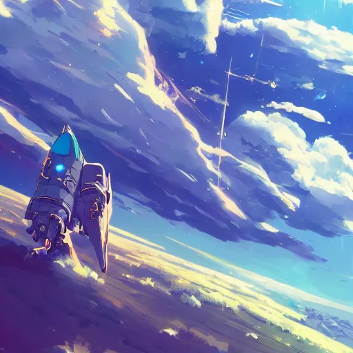 Image similar to a spaceship crashed into a foreign planet. The spaceship is buried in the ground. beautiful blue sky with large white anime clouds. in the style of digital art, artstation trending, rossdraws, breath of the wild, Makoto Shinkai, ghibli