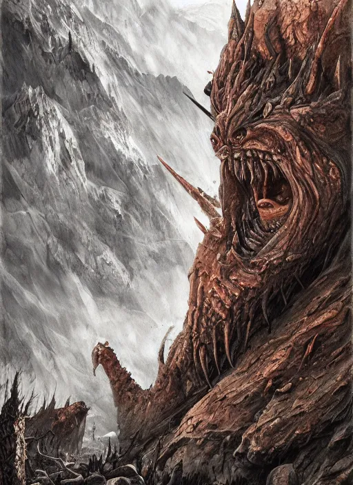 Image similar to a monster in the mountains of hell, oil painting by tomasz jedruszek, cinematic lighting, pen and ink, intricate line, hd, 4 k, million of likes, trending on artstation