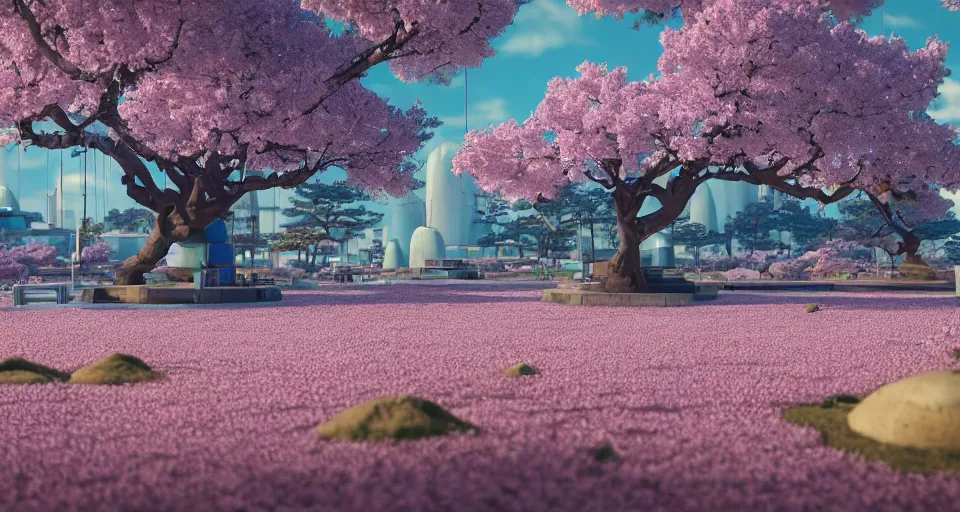 Prompt: Futuristic Japanese landscape with lots of BLUE Sakura blossoms and a temple, center composition, cinematic, rendered by simon stålenhag, rendered by Beeple, Makoto Shinkai, syd meade, environment concept, digital art, starwars, unreal engine, 3 point perspective, WLOP, trending on artstation, low level, 4K UHD image, octane render,