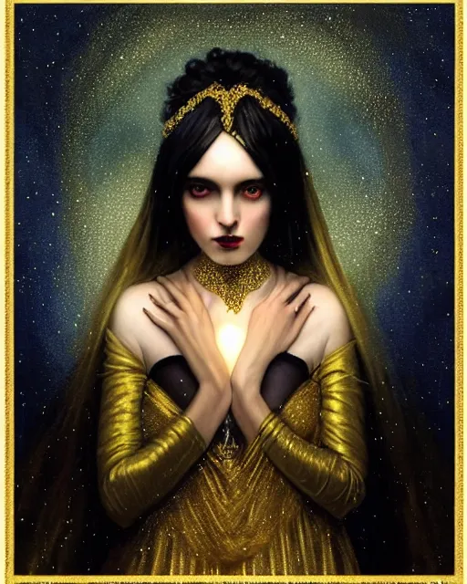 Prompt: Nocturne, glowing, stars, a portrait of a beautiful female shadow djinn with jeweled collar, long hair, glowing eyes, highly detailed, mysterious, ethereal, dressed in velvet and gold jewelry, haute couture, illustration, dramatic lighting, painting, by Edmund Blair Leighton, Brom, Charlie Bowater, trending on artstation, faces by Tom Bagshaw, otto schmidt