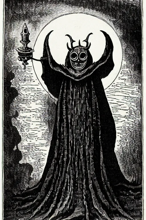 Prompt: the flatwoods monster, as a demon from the dictionarre infernal, pen - and - ink illustration, etching by louis le breton, 1 8 6 9, 1 2 0 0 dpi scan, ultrasharp detail, hq scan, intricate details, stylized border