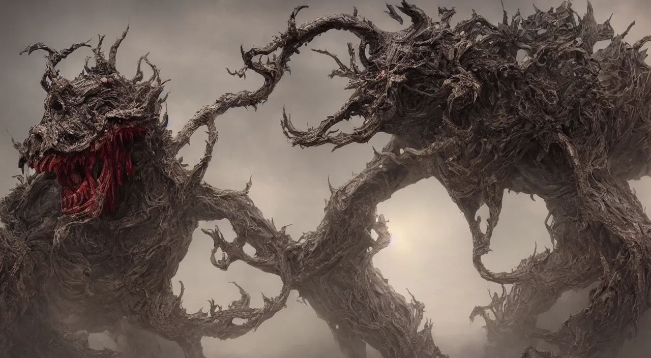 Image similar to a epic monster from chinese myth 山 海 经, 饕 餮, by zdzislaw beksinski, by josip csoor, portrait, photorealistic, volumetric lighting, horror, detailed, intricate, elden ring, raytrace, octane, cgscociety,
