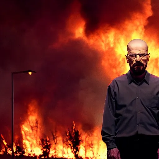 Image similar to a photo of walter white standing in front of a building on fire, highly detailed, 4 k