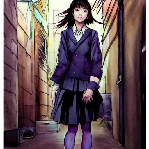 Image similar to a perfect, realistic professional digital sketch of a Japanese schoolgirl posing in a sci-fi alleyway, style of Marvel, full length, by pen and watercolor, by a professional American senior artist on ArtStation, a high-quality hollywood-style sketch, on high-quality paper