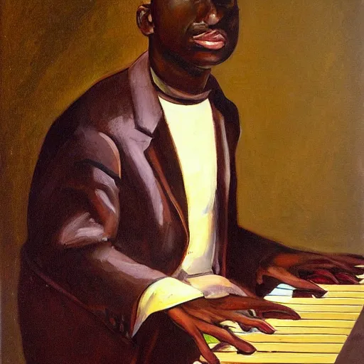 Prompt: 3 0 years old man playing piano, oil painting, front facing, medium dark skin