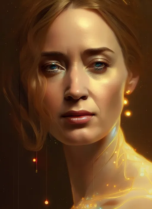 Image similar to portrait of emily blunt, intricate, elegant, glowing lights, highly detailed, digital painting, artstation, glamor pose, concept art, smooth, sharp focus, illustration, art by wlop, alphonse mucha and craig mullins