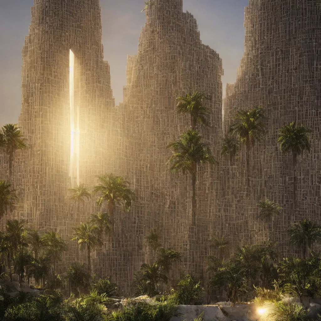 Image similar to photorealistic photo a contemporary babylon tower, golden details, stone facade, sacred geometry architecture, cascading highrise, arid mountains with lush palm forest, god rays, sunlight, post - production, octane, cgi, sfx