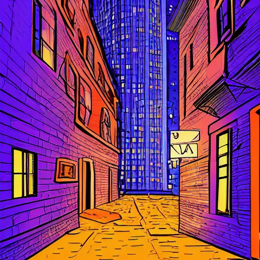 Image similar to a beautiful night landscape of back alley, new york, digital comic art