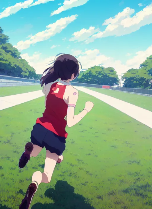 Image similar to portrait of high school runner girl, sunny sky background stadium landscape illustration concept art anime key visual trending pixiv fanbox by wlop and greg rutkowski and makoto shinkai and studio ghibli and kyoto animation red sports clothing marathon race running shoes sponsors