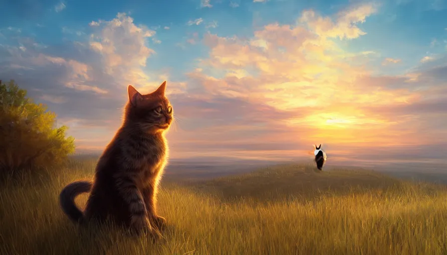 Image similar to cat sitting on the hill looking at gigantic sunset, hyperdetailed, artstation, cgsociety, 8 k