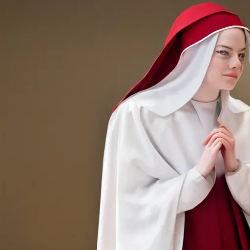 Image similar to A full body shot of Emma Stone dressed as a nun , catholic , high quality, fully detailed, 4k, inspired by handmaid's tale, her beautiful eyes are fully detailed and in focus