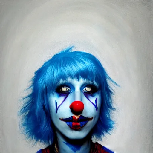 Prompt: a person with blue hair and a clown makeup, a photorealistic painting by cindy sherman, dribble, plasticien, horror film, antichrist, creepypasta