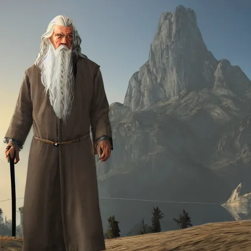 Prompt: Gandalf in GTA V, cover art by Stephen Bliss, artstation