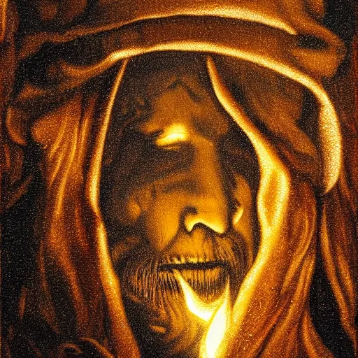 Prompt: highly detailed face of old witch in a cave looking into a fire, golden smoke