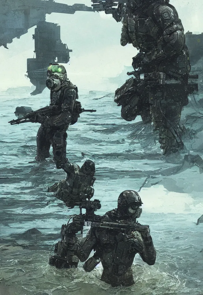 Image similar to Chidi. USN blackops operator emerging from water at the shoreline. Operator wearing Futuristic cyberpunk tactical wetsuit and looking at an abandoned shipyard. Frogtrooper. rb6s, MGS, and splinter cell Concept art by James Gurney, greg rutkowski, and Alphonso Mucha. Vivid color scheme.