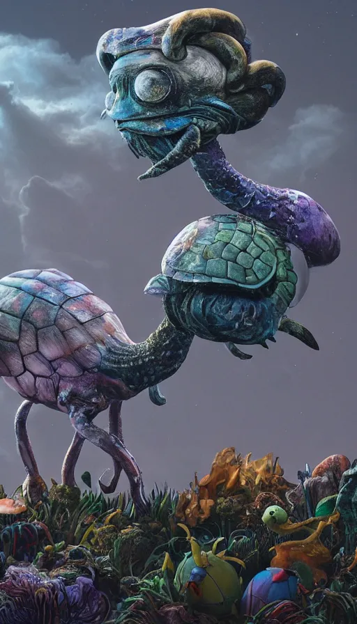 Image similar to a strange bird turtle giraffe chimera creature with scales feathers fins tusks mushrooms with other monsters on a lush fertile alien planet, in the style of shaun tan, sam shearon, dr seuss, leng jun, max ernst, close up, fantastic, wonderful, science fiction, dramatic studio lighting, atmospheric, national geographic, 3 d sculpture 8 k octane render