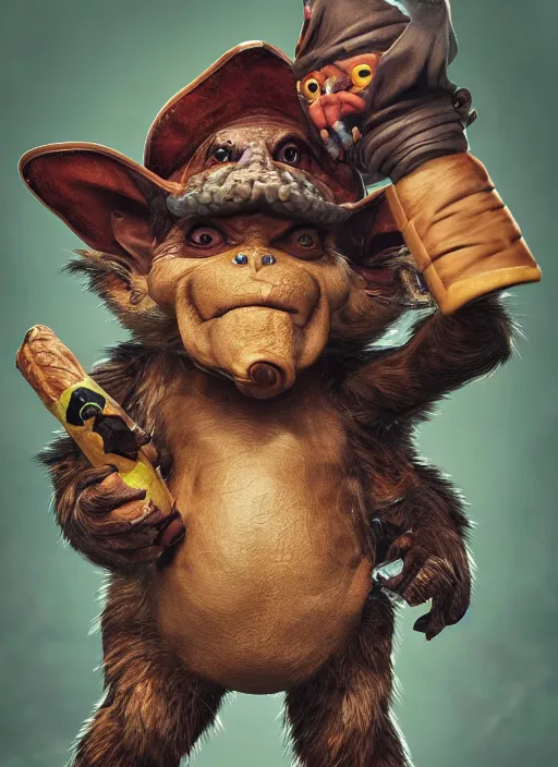 Prompt: pathfinder 2 e bestiary illustration of a goblin mixed with a monkey smoking a cigar, pirate themed, character portrait, unreal engine, hyper realism, realistic shading, cinematic composition, realistic render, octane render, detailed textures, studio lighting, photorealistic, wide shot