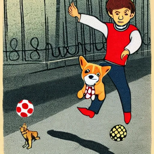 Image similar to book illustration of a french boy on the streets of paris playing football against a corgi, the dog is wearing a polka dot scarf, 1 9 6 6