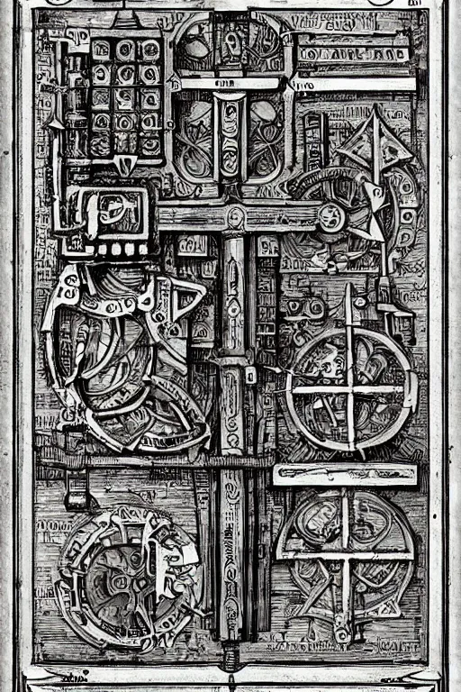 Image similar to warhammmer 4 0 k page of an adepticus mechanicus book on lost technology, page 2 3 : incantation and sigil, gothic industrial diagram, academic art. intricate