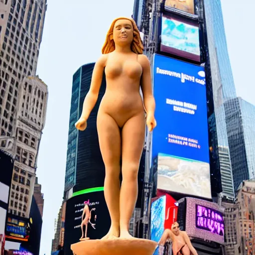 Image similar to extreme long - shot photograph of a renaissance clay sculpture of margot robbie in a swimsuit in front of times square, made by michelangelo, very detailed, sharp focus, 8 k resolution, ray tracing