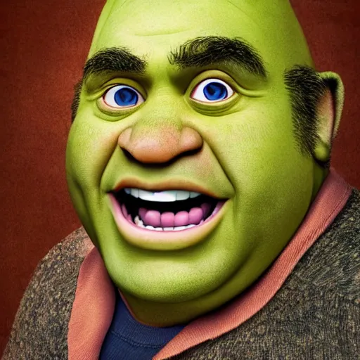 Prompt: award winning portrait of danny devito as shrek, photo by mark mann, hyper detailed