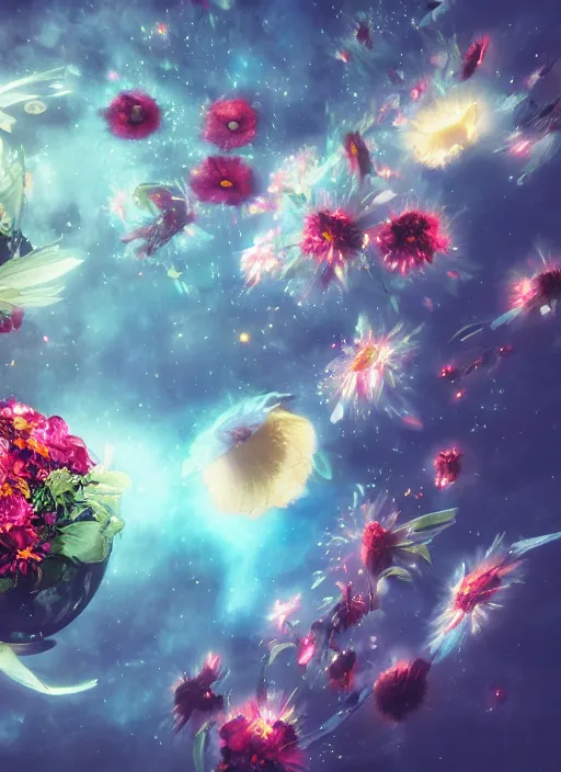 Image similar to An epic fantastic realism comic book style painting of the most beautiful spinning flowers floating into the dark and starry cosmos, exquisite bouquets, fisheye, a star implodes, unreal 5, DAZ, hyperrealistic, octane render, dynamic lighting