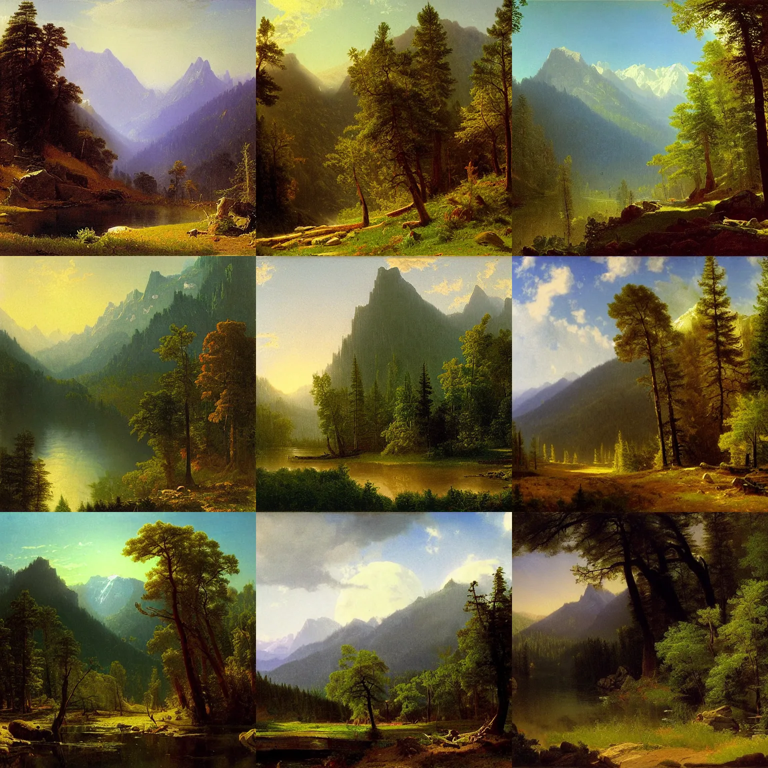 Prompt: Mountainous and forested area artwork by Albert Bierstadt