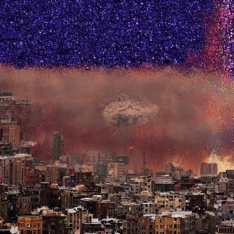 Prompt: huge glitter bomb explosion above city, mushroom cloud, flash illuminating city