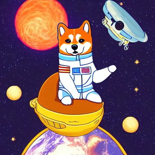 Image similar to cute shiba in an astronaut suit steering a flying ship, treasure planet style, digital art, 4 k, realistic, vivid colors