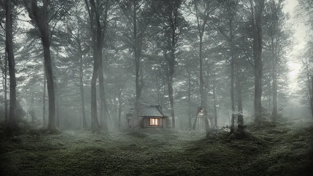 Prompt: [ a cottage in the woods. ] artgerm, mikko lagerstedt, zack snyder, tokujin yoshioka