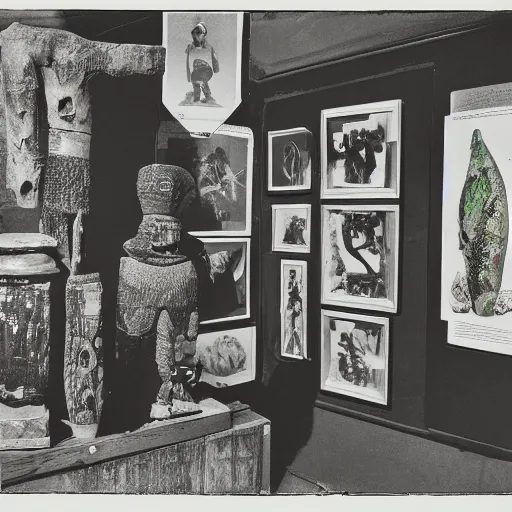 Image similar to An offset photography of an object on display, three colors, anthropology of wonder, exotic artifacts, bauhause, (tropicalism), colonial expedition, exhibition, 60s style