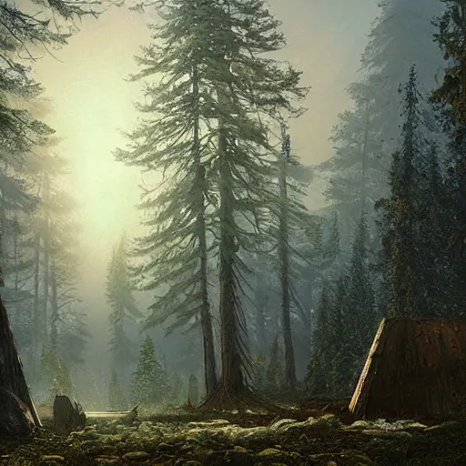 Image similar to mysterious perpetual energy facility, glowing, woods and wilderness, Ivan Shishkin and Greg Rutkowski