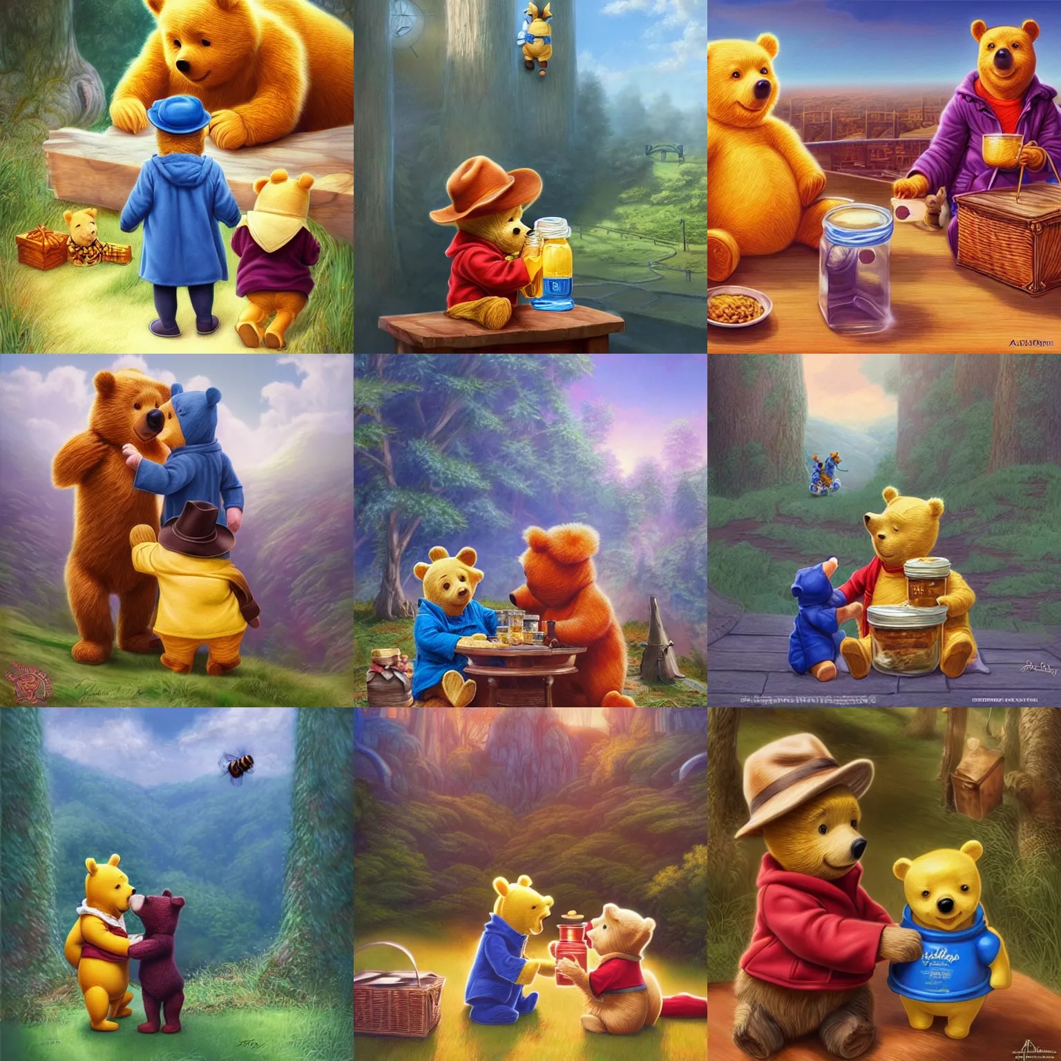 Prompt: paddington - bear and winnie - the - pooh eating honey. highly detailed matte painting by artgerm.