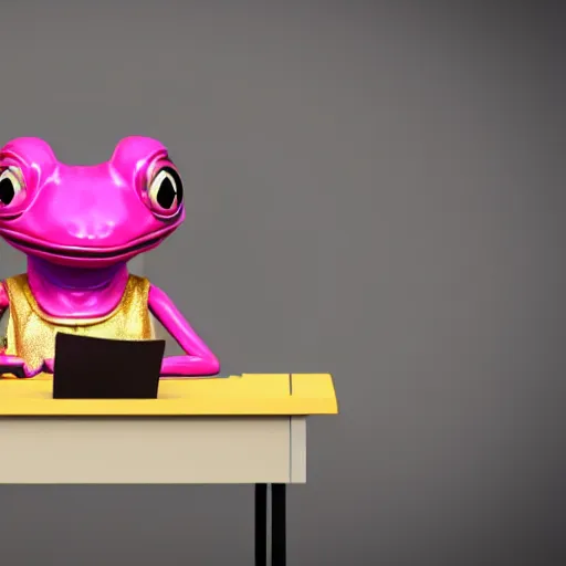 Image similar to octane render of a pink anthropomorphic frog wearing a golden set of armor sitting in a desk at an office,