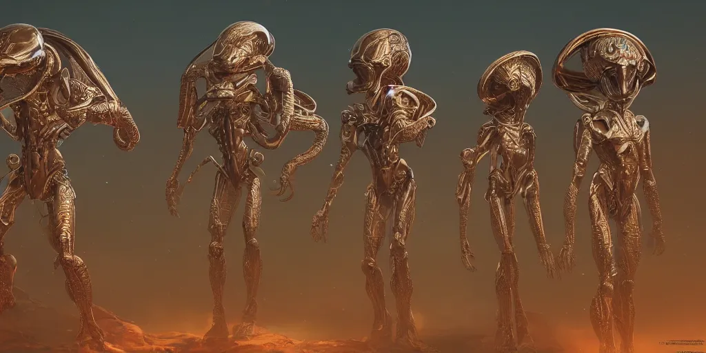 Image similar to five aliens with faberge head styles, 3 d concept art, cinematic lighting, intricate details, octane rendering, alex ross style art, trending on artstation featured on behance, maya, unreal engine