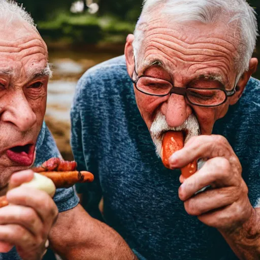 Image similar to Two elderly men fighting over a sausage, Canon EOS R3, f/1.4, ISO 200, 1/160s, 8K, RAW, unedited, symmetrical balance, in-frame