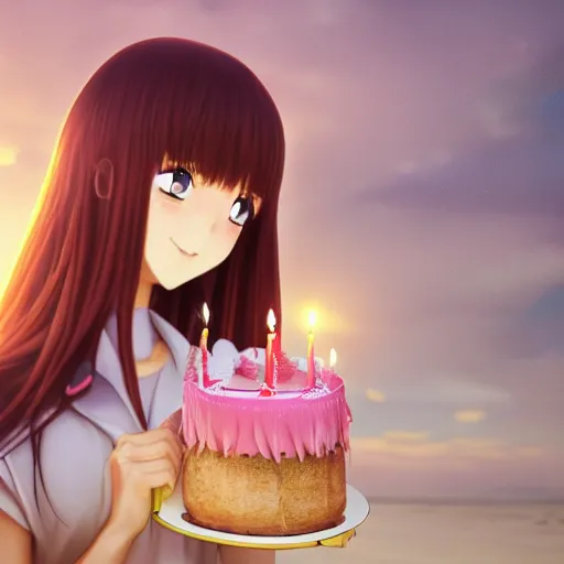 Image similar to Render of a beautiful 3d anime woman holding a birthday cake to show the camera, long light pink hair, full bangs, hazel eyes, cute freckles, full round face, smug smile, Chinese heritage, cute checkerboard sundress, golden hour, serene beach setting, medium shot, mid-shot, hyperdetailed, trending on Artstation, Unreal Engine 4k