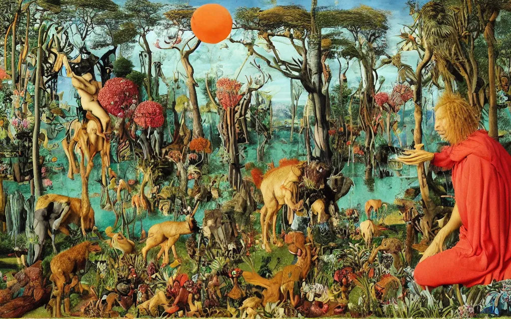 Prompt: photograph of a meditating centaur shaman and a striped werewolf feeding animals. surrounded by bulbous flowers, coral, animals and a few trees. river delta with cliffs under a blue sky of burning stars. painted by jan van eyck, max ernst, ernst haeckel, ernst fuchs and artgerm. trending on artstation, trending on cgsociety