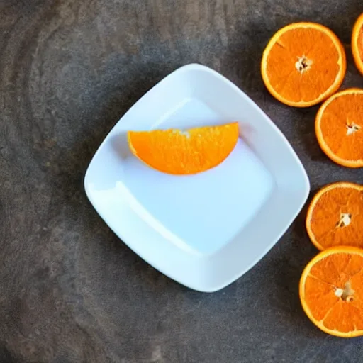 Prompt: an peeled orange on a white plate, over a blue tablecloth
